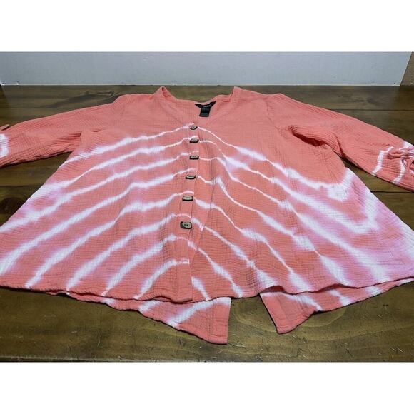 Ali Miles Shrimp Peach/White TIE DYE STRIPE Tunic Blouse Top 100% COTTON 1X - Picture 5 of 10